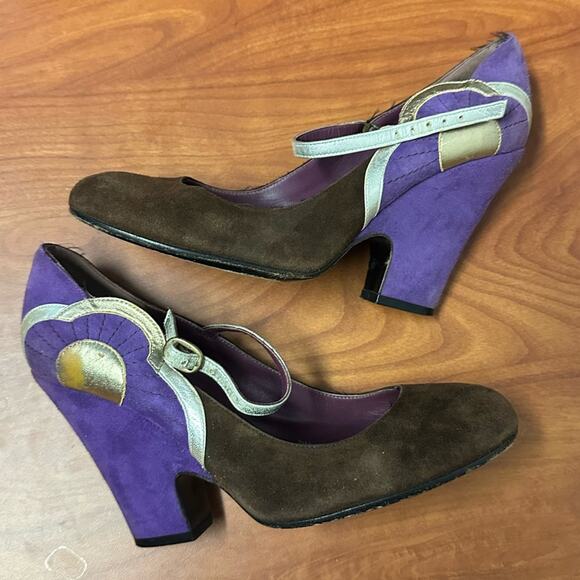 Marc Jacobs Brown Purple Mary Jane Heels Color Block Metallic Accents Size 37 - Picture 5 of 16